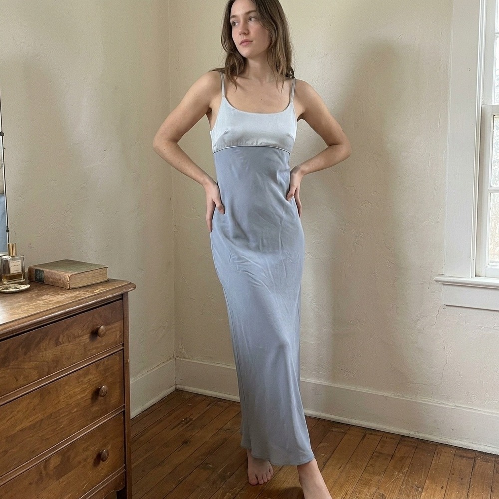Vintage 90s Jones New York Evening Women Dress 4 Blue Satin Empire Maxi Gown